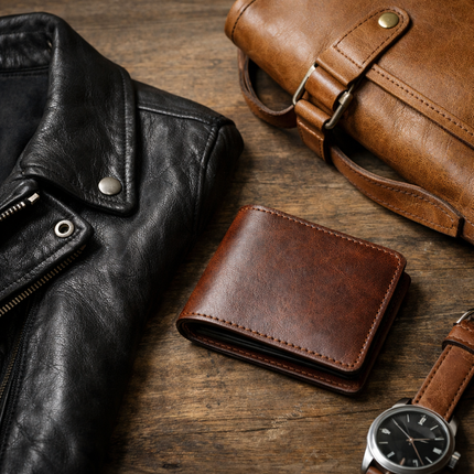  lifestyle image of a markore leather jacket, a markore bifold wallet, a markore leather bag on a wooden surface