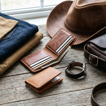 Western leather hat, Markore Hunza Fold and Markore Ravi Slip and Markore Hour Line Universal watch strap sitting on a wooden table