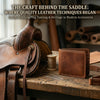 Makore bifold wallet on a rustic table with thread and a horse saddle