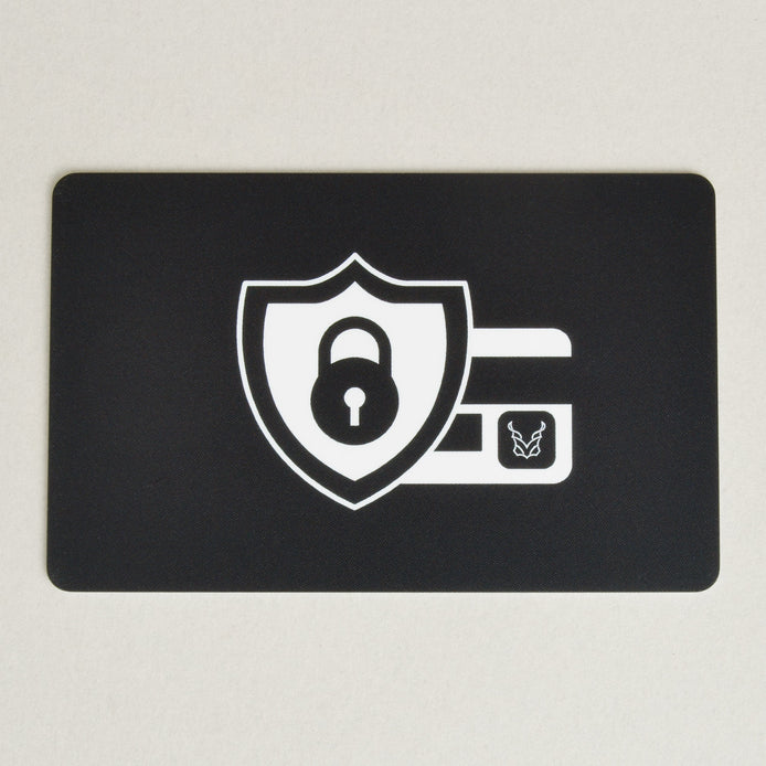 Black RFID block card with a white security shield, lock icon and markore logo.