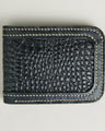 Front view of obsidian black croc-embossed full-grain leather bifold wallet featuring ivory handmade stitching. Markore Indus Sultan