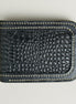 Front view of obsidian black croc-embossed full-grain leather bifold wallet featuring ivory handmade stitching. Markore Indus Sultan