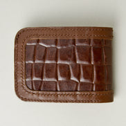 Back view of espresso brown croc-embossed full-grain leather bifold wallet featuring handmade stitching. Markore Indus Sultan