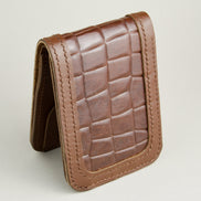 Top-down view of espresso brown croc-embossed full-grain leather bifold wallet featuring handmade stitching. Markore Indus Sultan