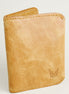 Side view of leather bifold wallet in natural, featuring handmade stitching and embossed logo. Markore Natural.