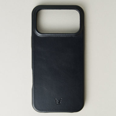 Back view of midnight black leather iphone 17 pro case with full cutout featuring embossed logo. Markore Shell Frame.