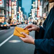Person holding a a markore niva seal card ultracompact sleeve on in tokyo city street at night.
