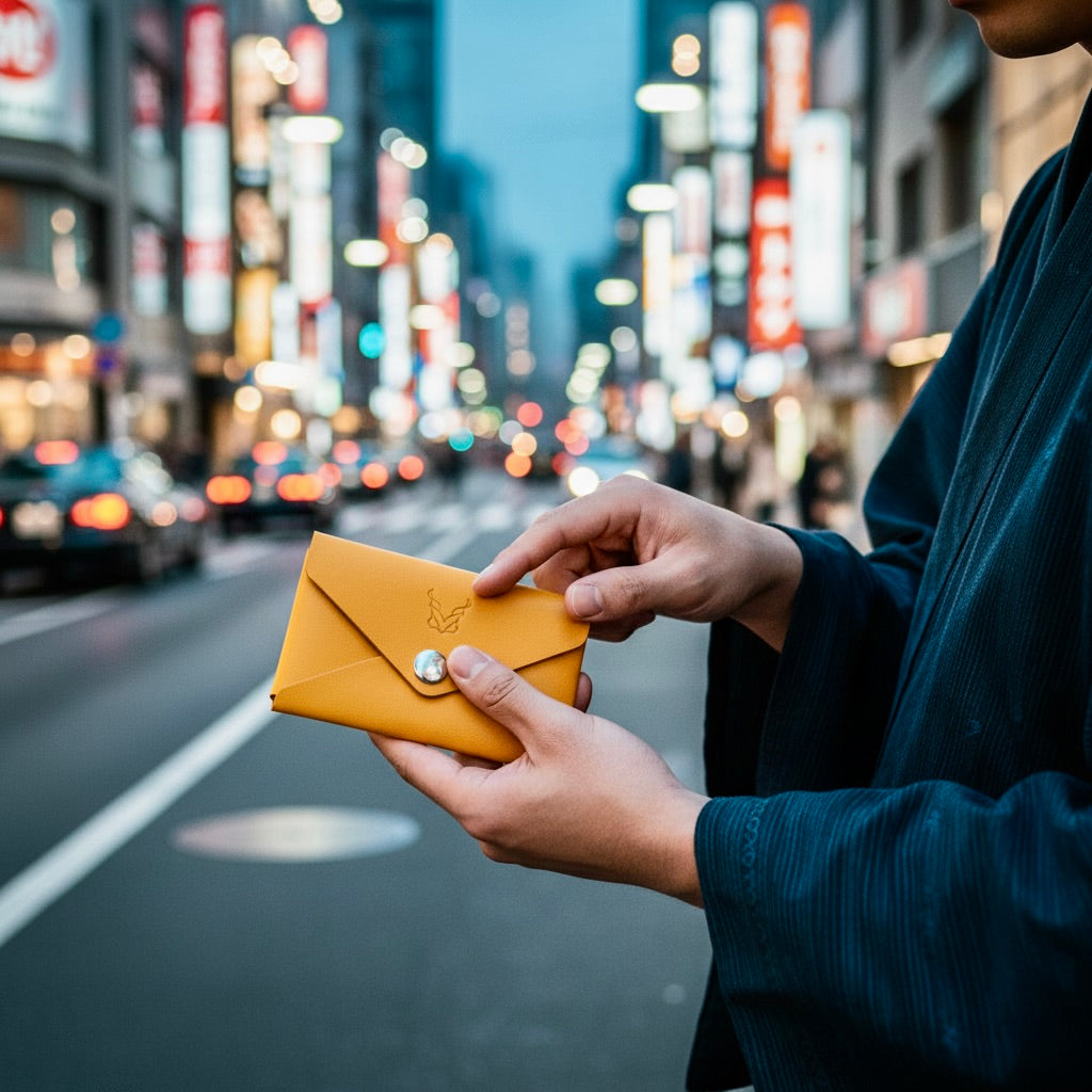 Person holding a a markore niva seal card ultracompact sleeve on in tokyo city street at night.