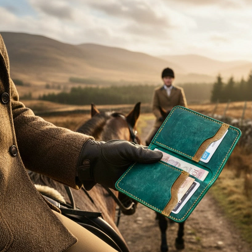 Person holding a markore ravi fold gilgit pine leather wallet with a horse and rider in the background in Scottish Highlands